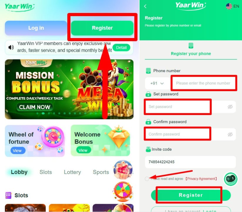 YaarWin Registration Guide - Phone, Password, Invite Code